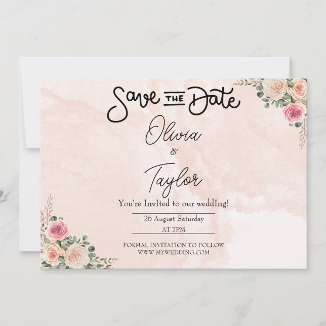 Convites Pink Cream Floral Wedding Save the Date Cards (Frente)