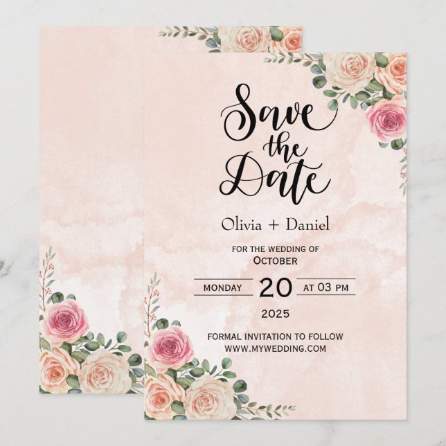 Convites Pink Cream Floral Wedding Save the Date Cards (Frente/Verso)