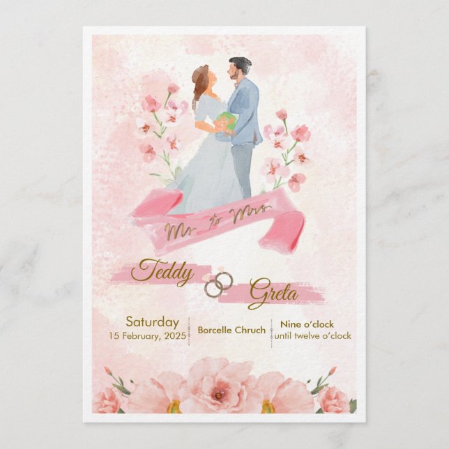 Convites Pink Cream Watercolor Wedding Invitation (Frente)
