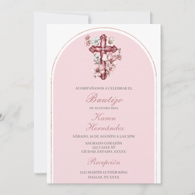 Convites Pink crucifix Baptism espanhol (Frente)