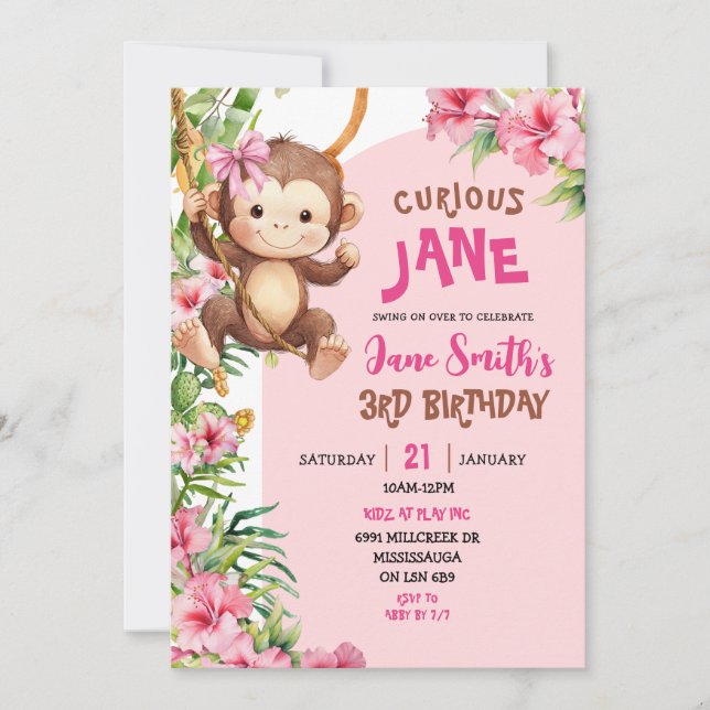 Convites Pink Curious Monkey Safari Theme Birthday (Frente)