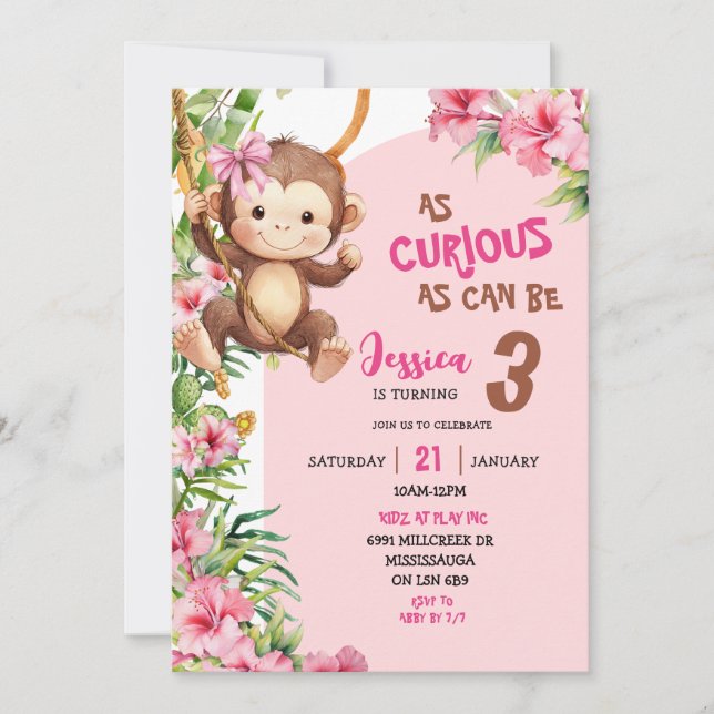 Convites Pink Curious Monkey Savannah Theme Birthday (Frente)