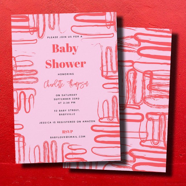 Convites Pink Curve Wavy Squiggle Abstract Baby Shower (Pink Curve Wavy Squiggle Abstract Baby Shower Invitation)