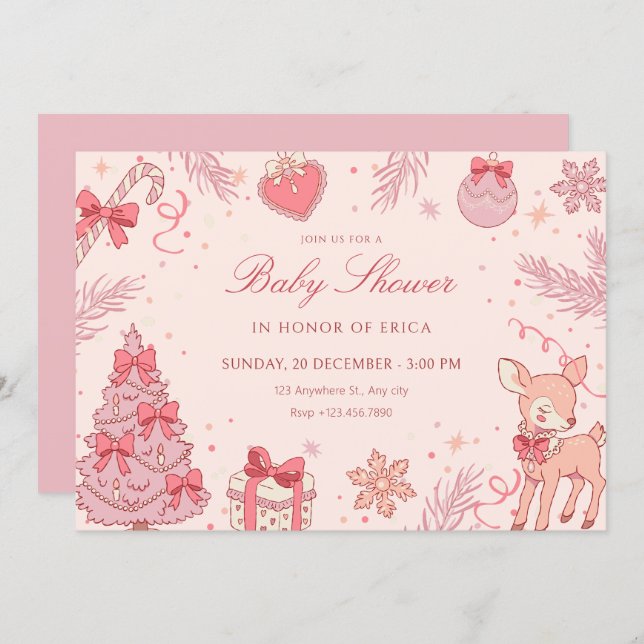 Convites Pink cute winter baby shower (Frente/Verso)