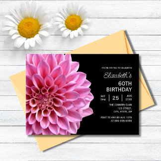 Convites Pink Dahlia Floral Fall Black 60th Birthday