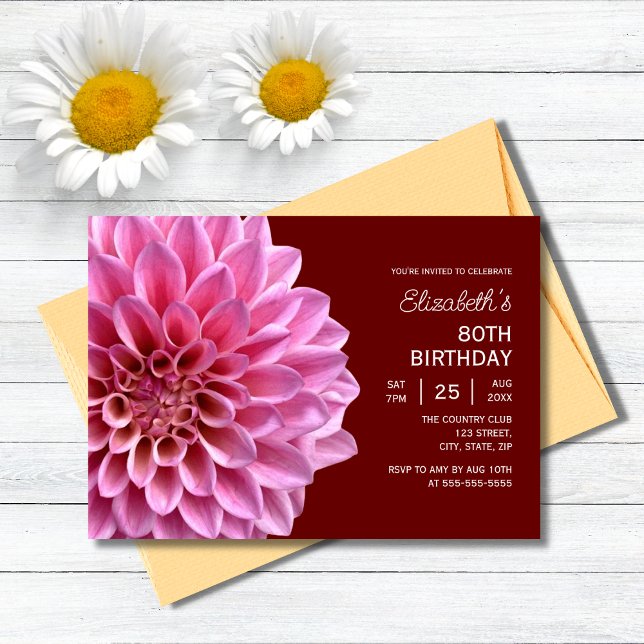 Convites Pink Dahlia Floral Fall Burgundy 80 Aniversário (Criador carregado)