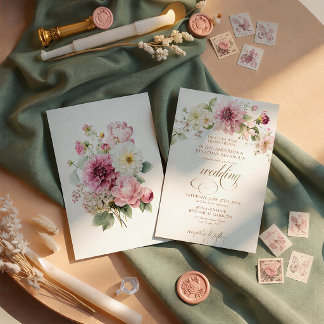 Convites Pink Dahlia Wildflowers Gold Text Wedding |
