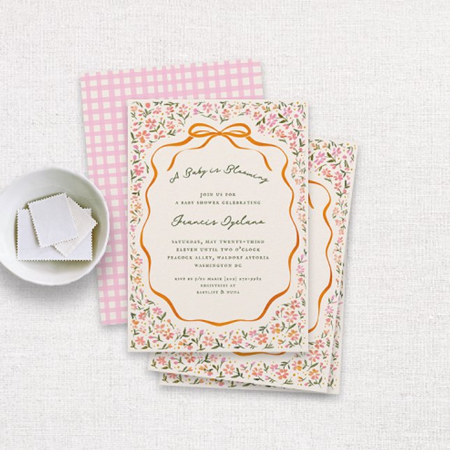 Convites Pink Dainty Flowers and Orange Bow Baby Shower (pretty watercolor drawn florals and an orange bow and ribbon frame cottage baby shower invitation)