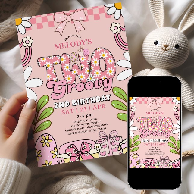 Convites Pink Daisy 2nd Birthday Retro Birthday (Criador carregado)