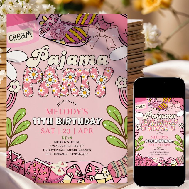 Convites Pink Daisy Pajama Party Birthday  (Criador carregado)