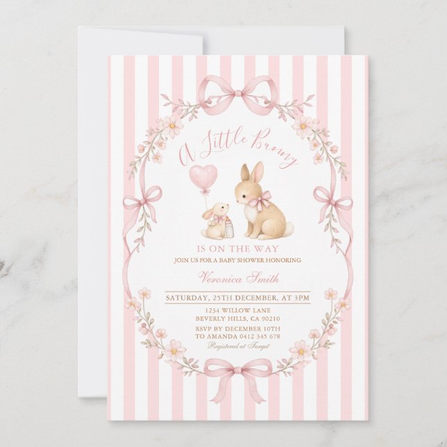 Convites Pink Daisy Striped Bunny Baby Shower (Frente)