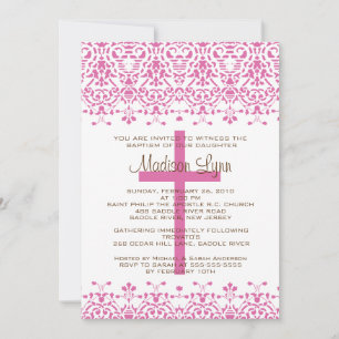 Convites Pink Damask Baptism Invitation