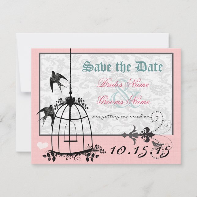 Convites Pink Damask Bird Cage Casamento Salve a Data (Frente)