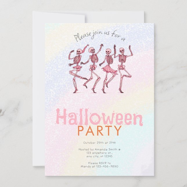 Convites Pink Dancing Skeletons Rainbow Halloween Party (Frente)