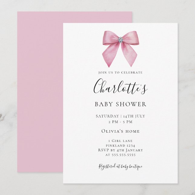 Convites Pink Diamond Bow Girl Baby Shower Invitation (Frente/Verso)