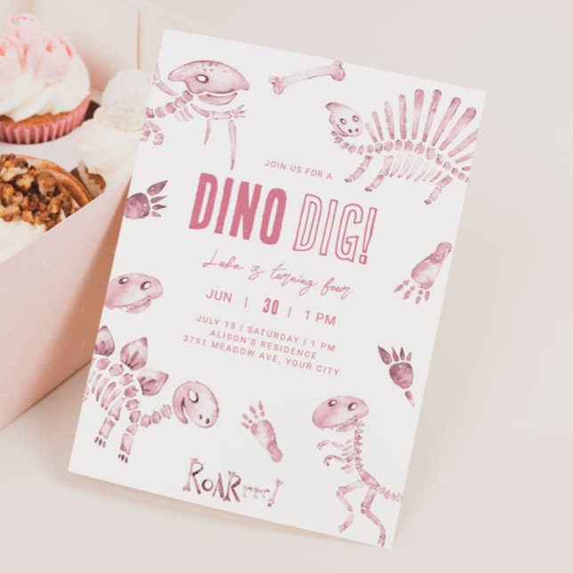 Convites Pink Dino Dig Birthday (Criador carregado)