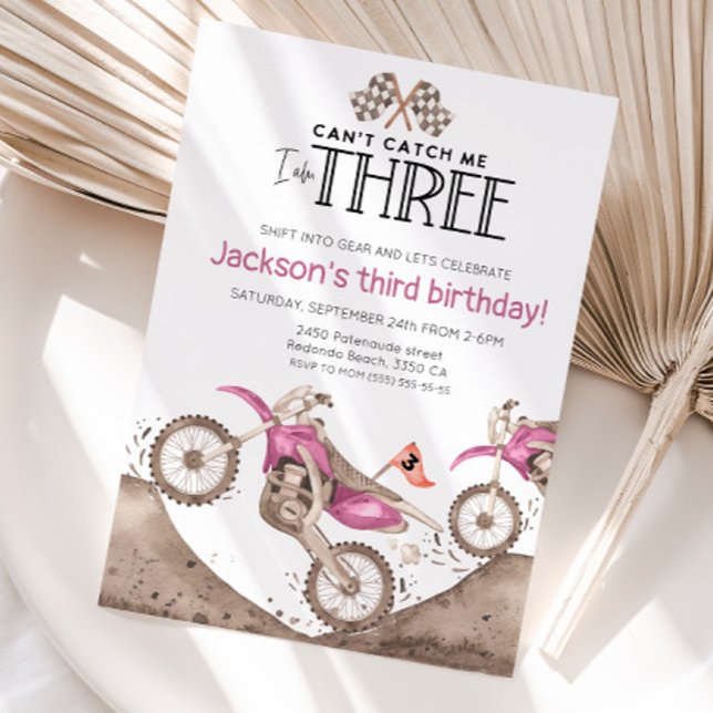 Convites Pink Dirt Bike 3rd birthday - Cant catch me (Pink dirt bike birthday invitation, cute watercolor pink dirt bike)