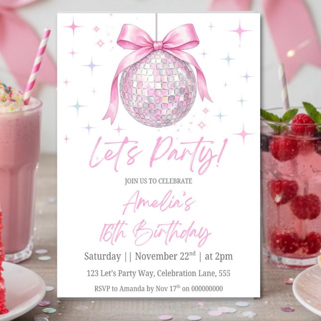 Convites Pink Disco Ball Birthday Invitation, Pink Coquette (Criador carregado)
