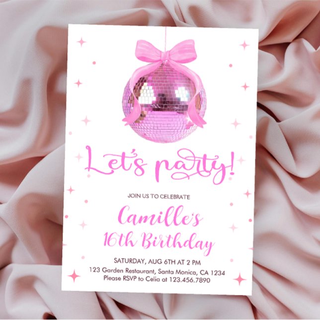 Convites Pink Disco Ball | pink bow Birthday  (Criador carregado)