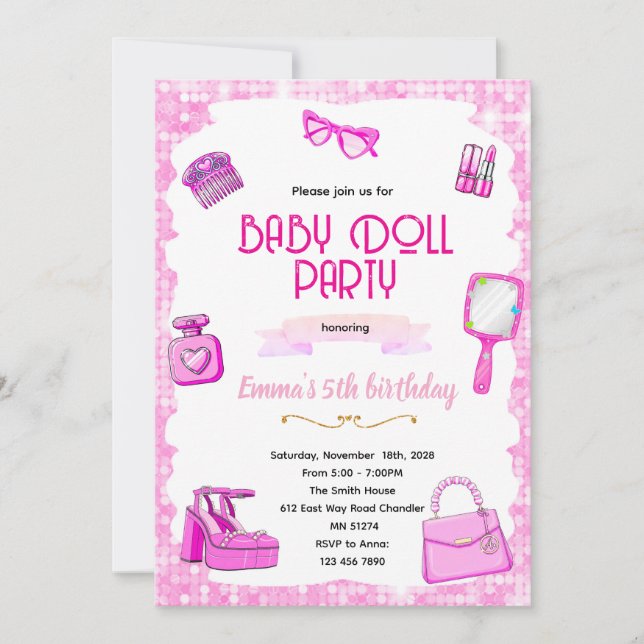 Convites Pink doll party invitation (Frente)