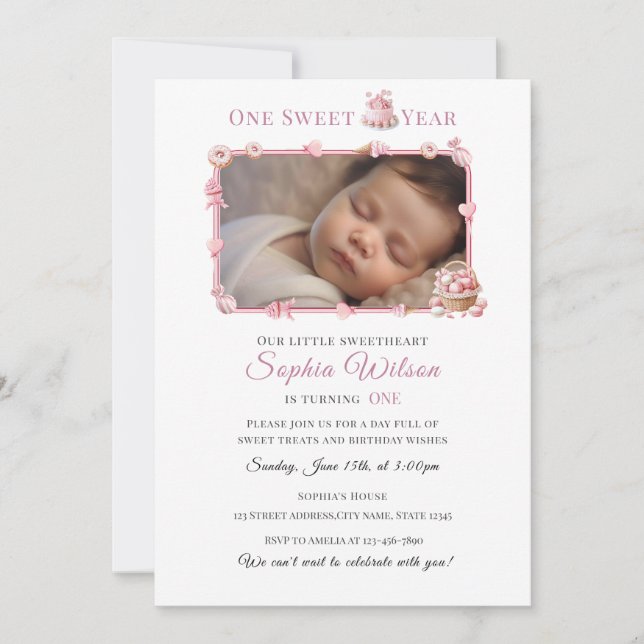 Convites Pink Donut & Candy Theme Birthday Invite (Frente)