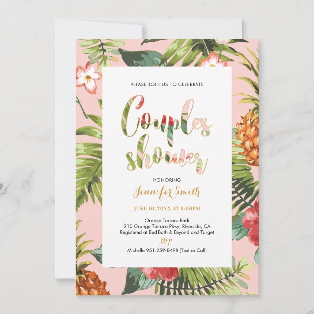 Convites Pink & Dourado | Chuveiro de Casal Tropical (Frente)