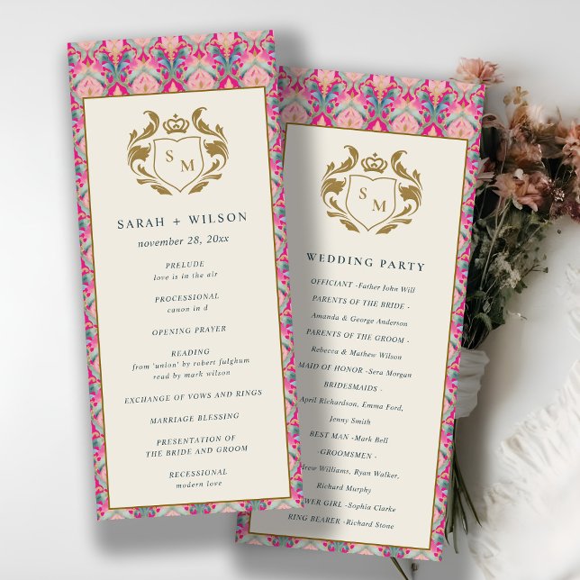 Convites Pink Dourado Classy Floral Laurel Wedding Program (Criador carregado)
