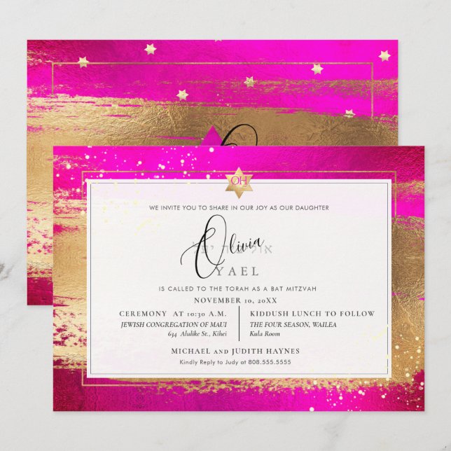 Convites PINK DOURADO DE PINCO FLASHY PixDezines Mitzvah (Frente/Verso)