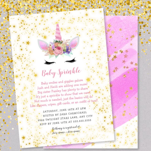 Convites Pink Dourado Unicorn Baby Sprinkle (Criador carregado)