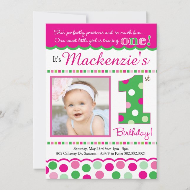 Convites Pink e Bolinhas Verde Primeiro Aniversário (Frente)