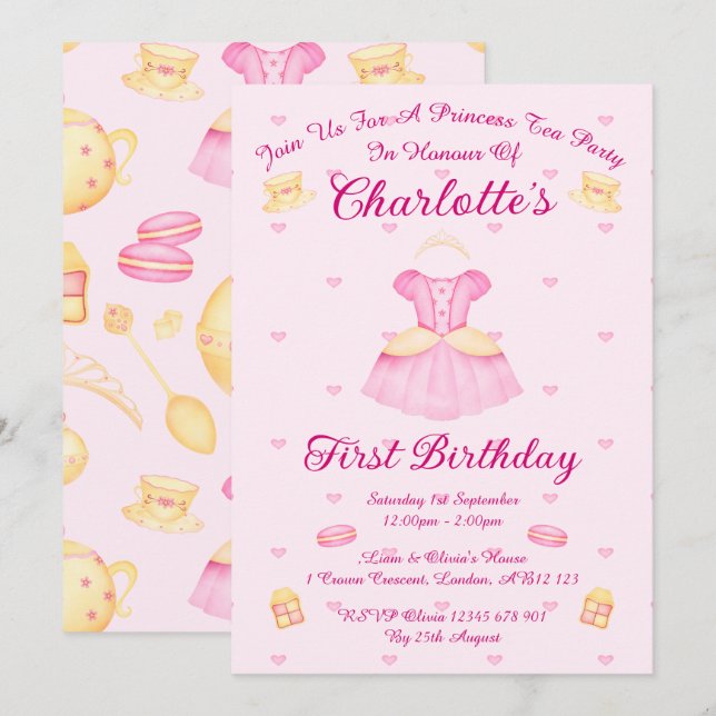 Convites Pink e Dourada Watercolor Princesa Tea Party (Frente/Verso)