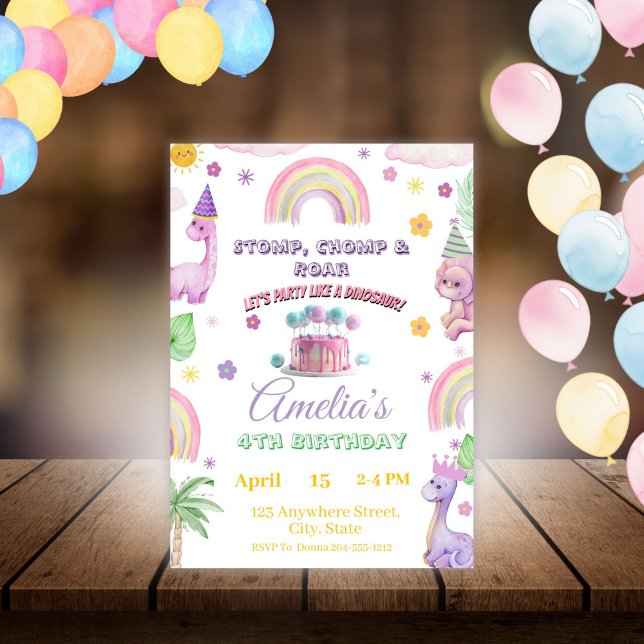 Convites Pink Editable Dinosaur Birthday Invite Template  (Criador carregado)