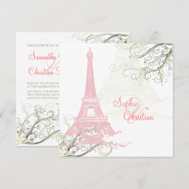 CONVITES PINK EIFFEL TOWER+SWIRLS / LIXE SHIMMER PAPEL (Frente/Verso)