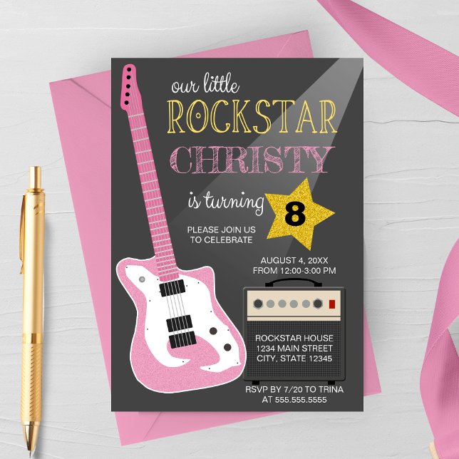 Convites Pink Electric Guitar Rockstar Birthday Party (Criador carregado)
