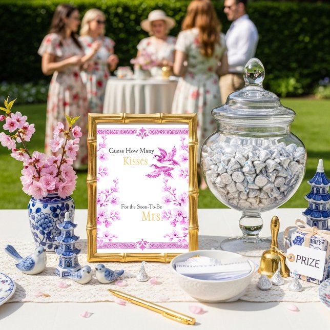 Convites Pink Elegant Guess How Many Kisses sign (Pink Elegant Guess How Many Kisses sign)