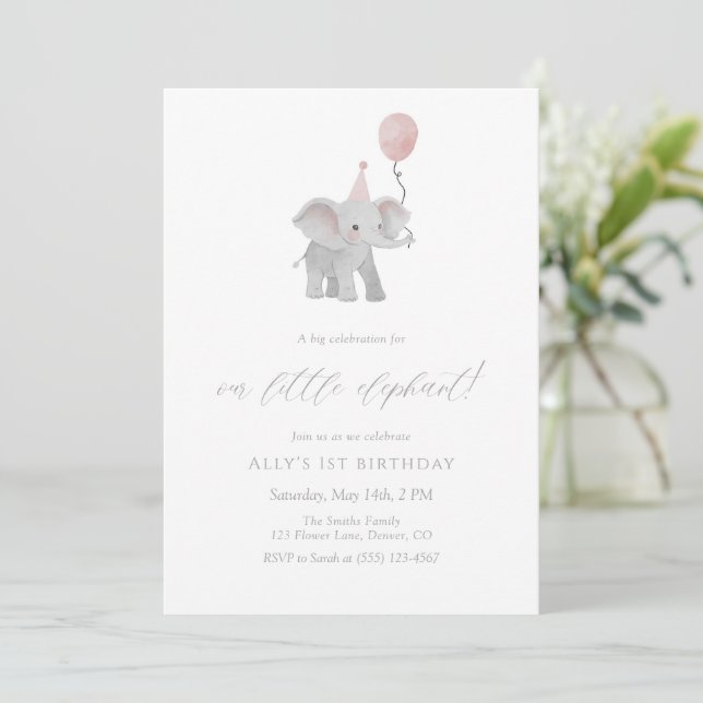 Convites Pink Elephant First Birthday Invitation Watercolor (Em pé/Frente)