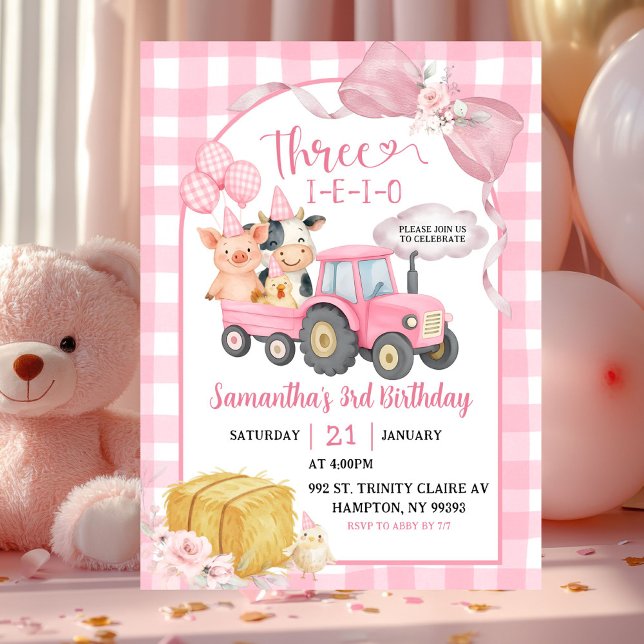 Convites Pink Farm Animals Three-i-e-i-o Girl 3rd Birthday (Criador carregado)