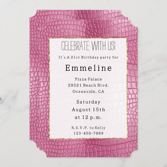 Convites Pink Faux Alligator Animal Birday (Frente/Verso)
