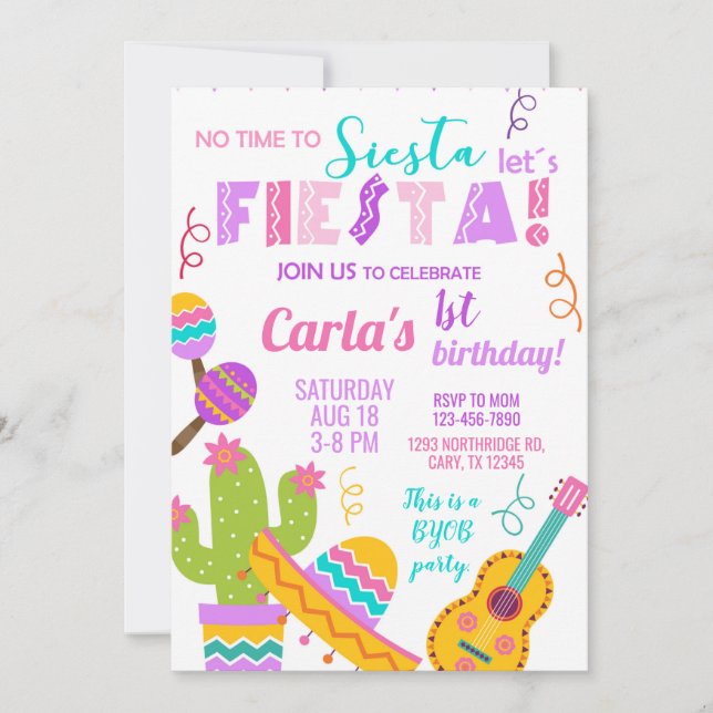 Convites pink Fiesta girl birthday invitation, any age. (Frente)