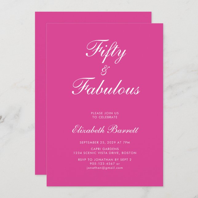 Convites Pink Fifty and Fabulous Script 50th Birthday Party (Frente/Verso)