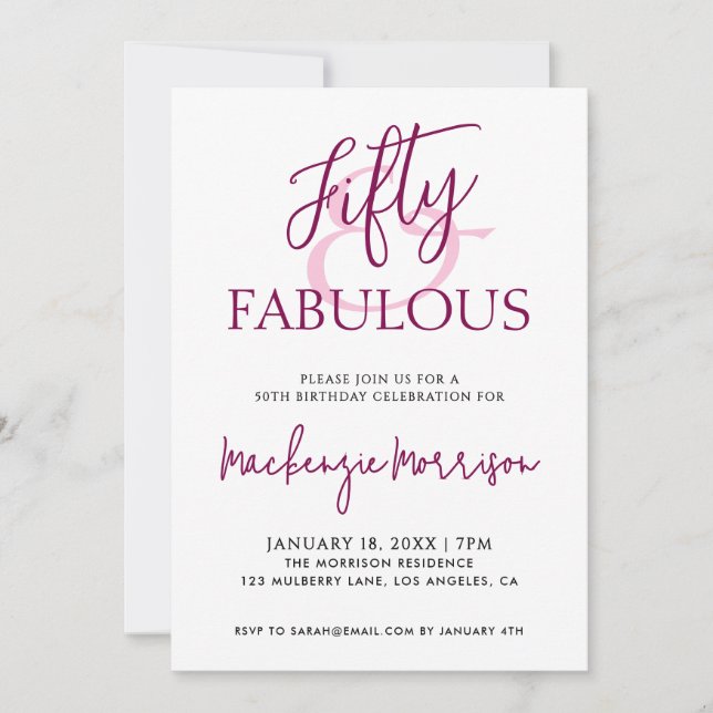 Convites Pink Fifty and Fabulous Script Birthday Party (Frente)