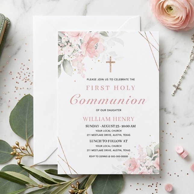 Convites Pink First Holy Communion Invitation  (Criador carregado)