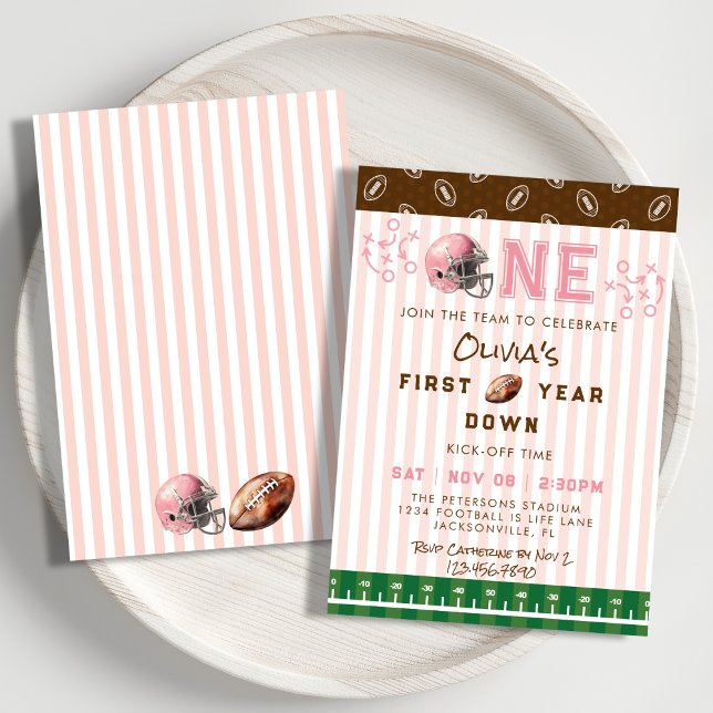 Convites Pink First Year Down Football 1st Birthday Party (Criador carregado)