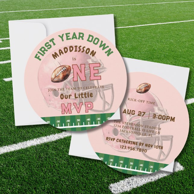 CONVITES PINK FIRST YEAR DOWN FOOTBALL 1ST BIRTHDAY THEME (Criador carregado)