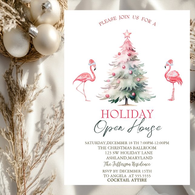 Convites Pink Flamingos Pine Tree Holiday Open House  (Criador carregado)