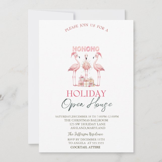 Convites Pink Flamingos Presents Holiday Open House  (Frente)