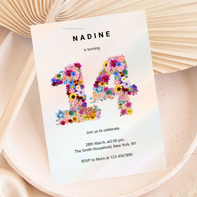 Convites Pink Floral 14th Birthday Garden Spring Wildflower (boho soft pink floral, flower arrangement, invitation invite, cute unique girly, elegant modern, 14t)