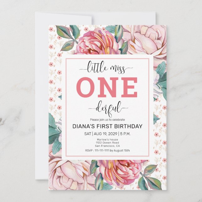 Convites Pink Floral 1st Birthday Invitation (Frente)