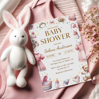 Convites Pink Floral Baby Girl Shower Invitation with Toys