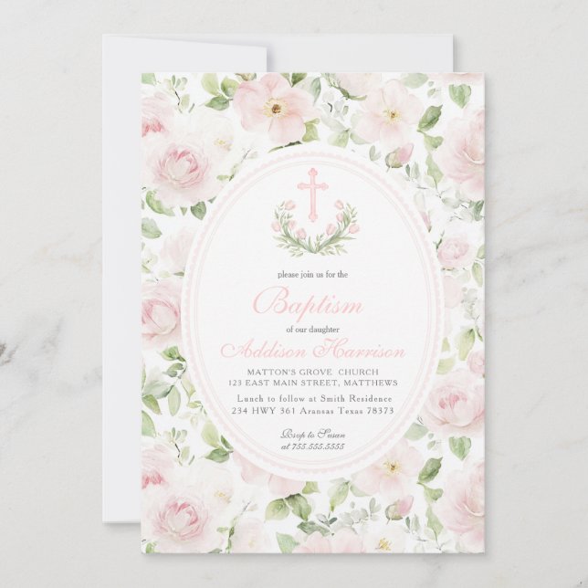 Convites Pink floral Baptism Invitation, Girl Baptism,  (Frente)